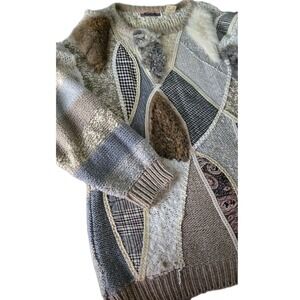 Vintage KOCAL Patchwork Sweater Fur Trim Textured Knit Boho 90s Korea Wool Med/L